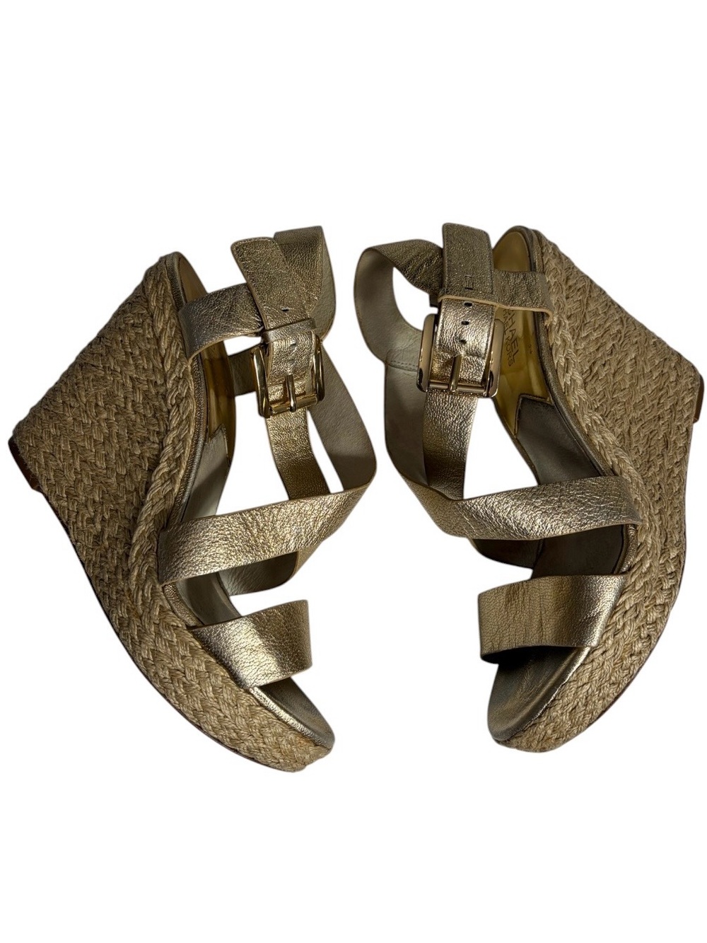 Micheal Kors gold metallic leather strappy espadrille wedge sandals size 10M